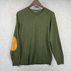 Michael Stars Sweater Mens Large Green Wool Blend V-Neck Elbow Patches Pullover